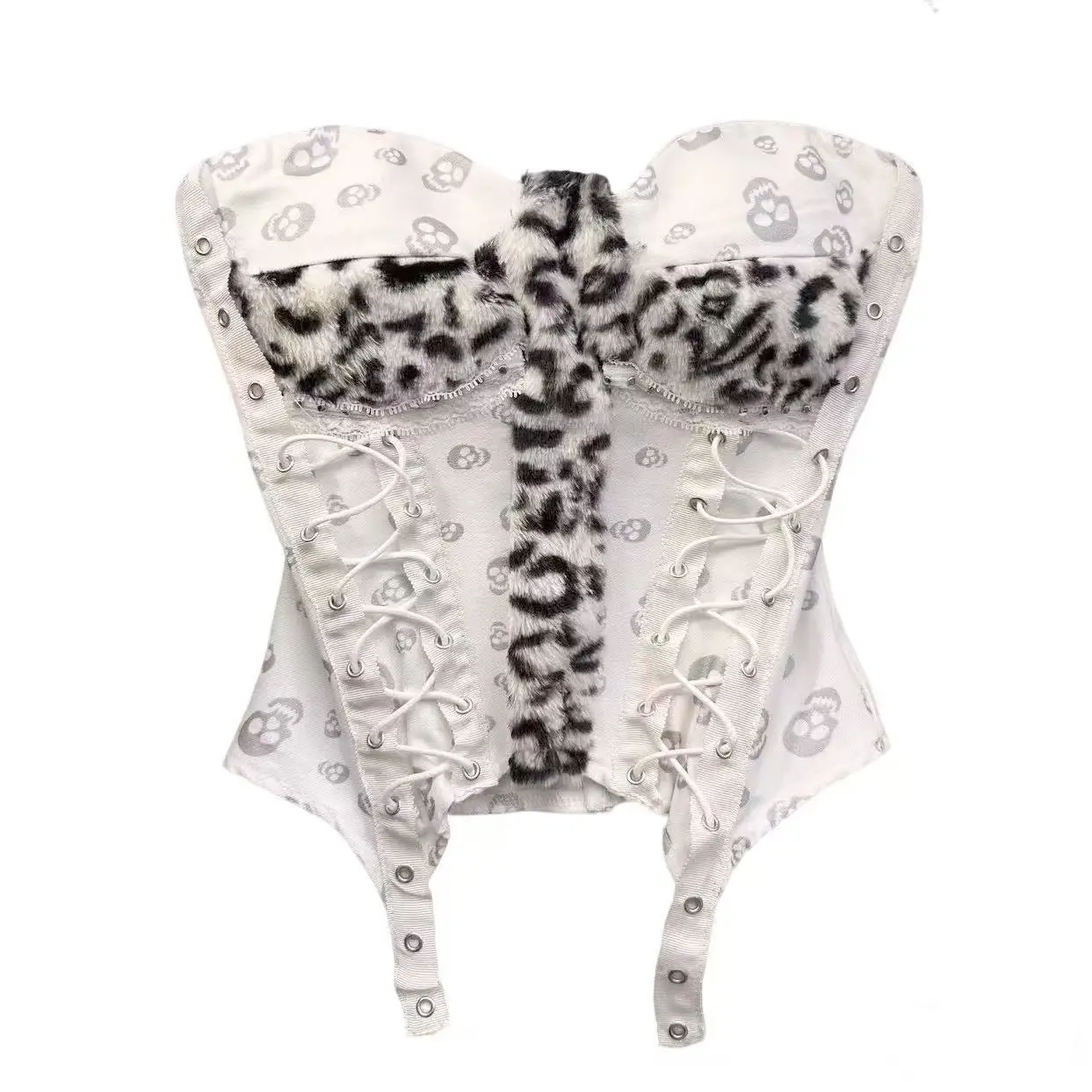 American Retro Gothic Skull Print Strapless Corset Top Leopard Splice Lace Trim Double Lace Up Slim Waist Cincher Alt Y2K Bustie - view 3