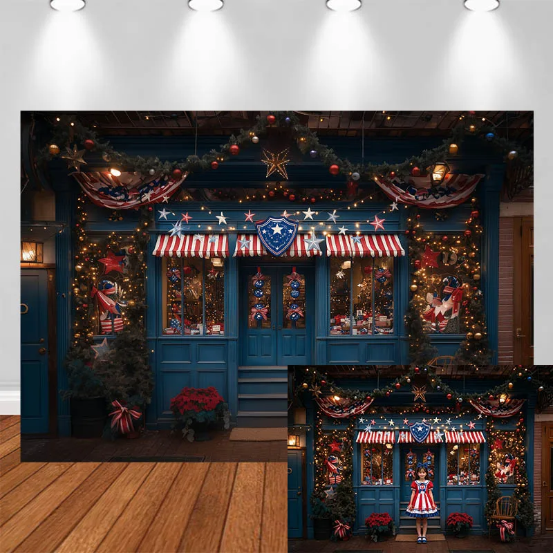 

LS Independence Day Xmas Photography Background Blue House String Lights Stars Decor Adult Kids Portrait Photo Backdrop Studio