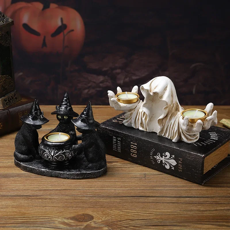 Black Cat and White Robe Wizard Tealight Candle Holder, Votive Candle Stand, Home Candelabrum