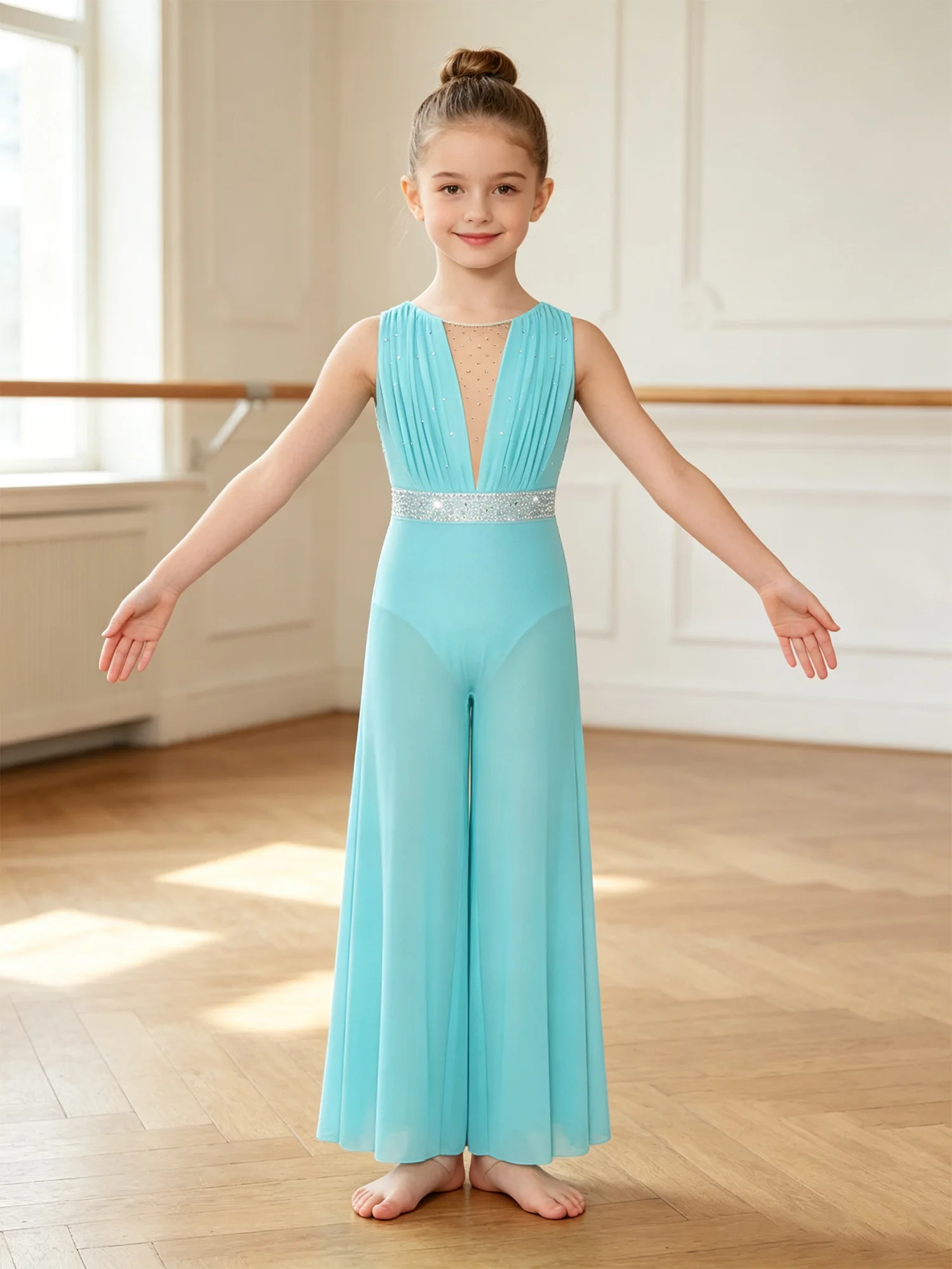 Girl Modern Lyrical Ballet Dance Jumpsuit Contemporary Dancewear Sleeveless Rhinestone Ruched Mesh Bodysuit with Built-in Briefs