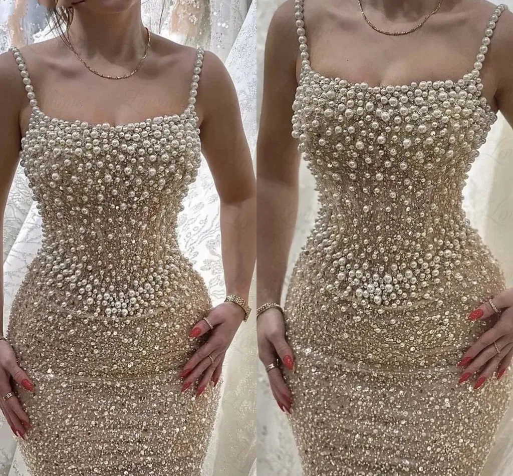 Luxury Sequined Sheath Prom Dresses Beaded Pearls Champagne Spaghetti Straps Evening Formal Gowns Arabic Robe De Soiree 2024