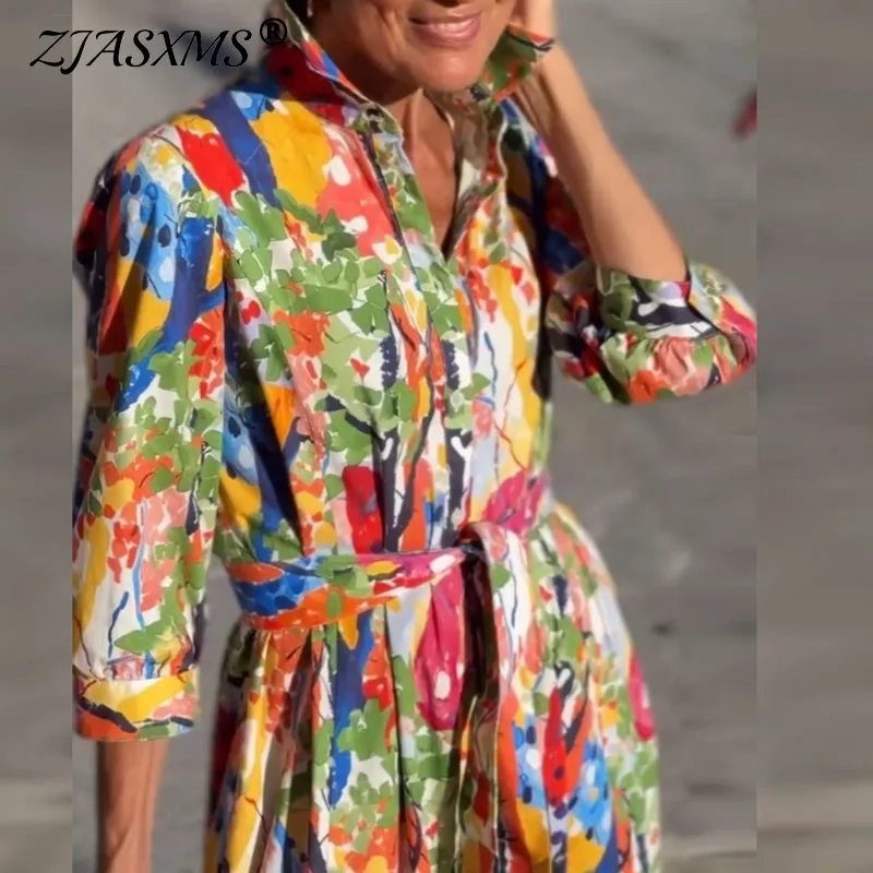 Abito da pendolare elegante a pieghe larghe a trapezio Abito estivo con colletto rovesciato Stampa Boho Abito da donna Abito da festa casual con lacci a maniche lunghe