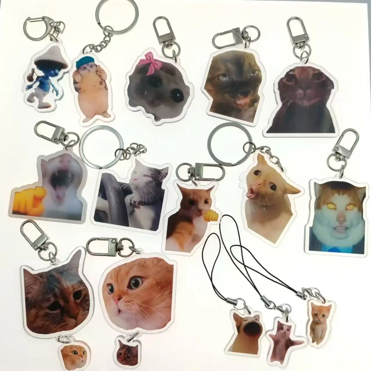 15-Pack Funny Meme Cat Keychains, Cute Acrylic Anime Animal Key Rings, Novelty Phone Charms for Men & Women Gift for Friend