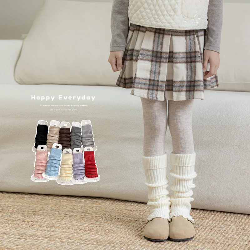 2 Double Girls' Autumn-Winter Thick and Warm Leg Socks, With Lotus Petal Edging, Plain Basic Leg Covers