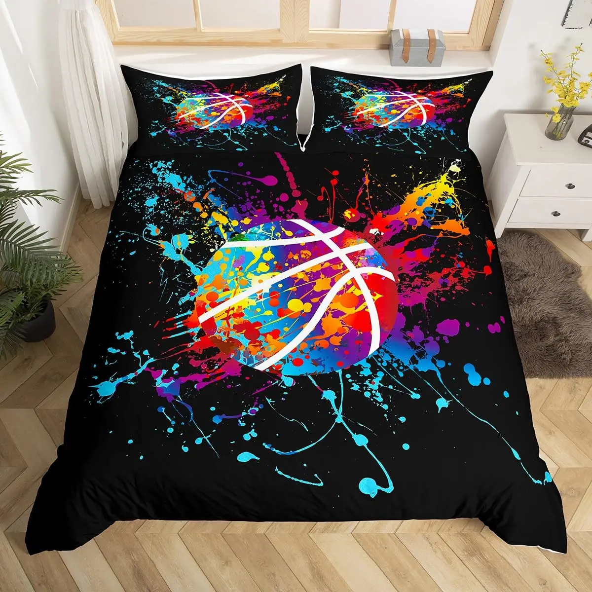 Basketball Duvet Cover Black Gold Bedding Set Black and Golden Basketball Court Design Comforter Cover Sports Games Quilt Cover