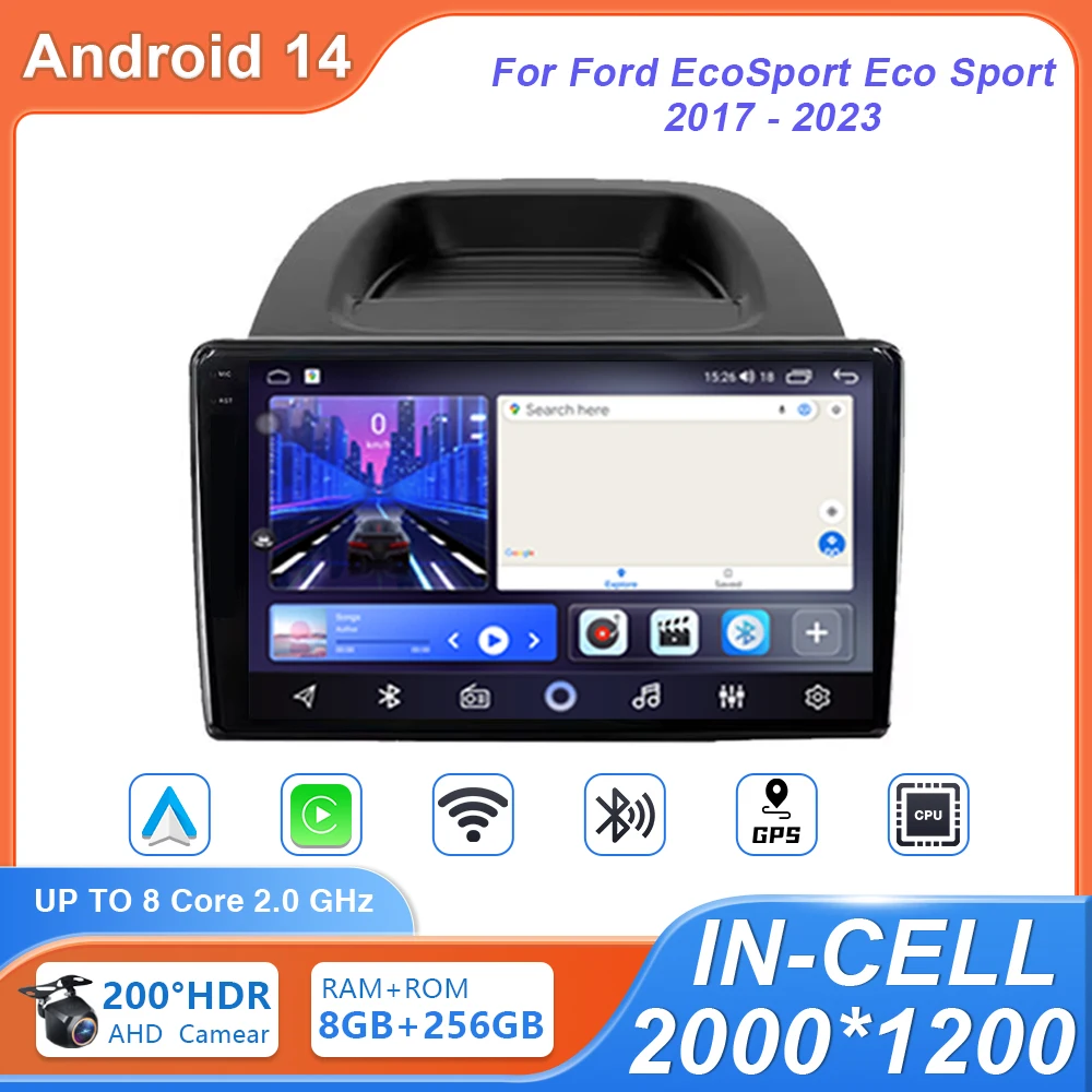 Para Ford EcoSport Eco Sport 2017-2023 Android 14 Carplay 5G wifi Multimedia Player Navegação GPS No 2din DVD