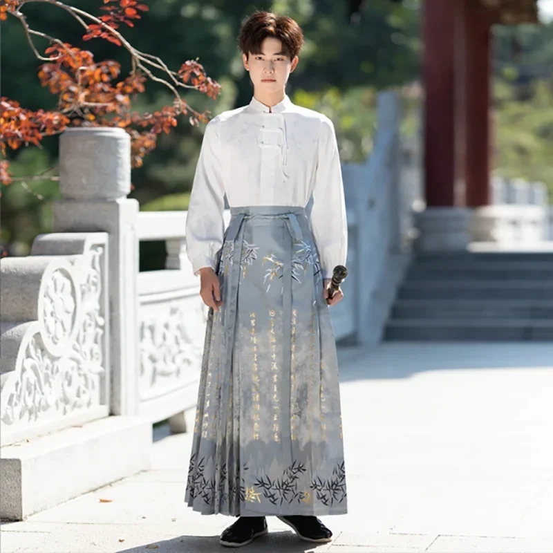 Large Size 4XL Hanfu Horse Face Skirt Men Chinese Traditional Weaving Gold Hanfu Pleats Skirt White Sets Cloak Plus Size 3XL