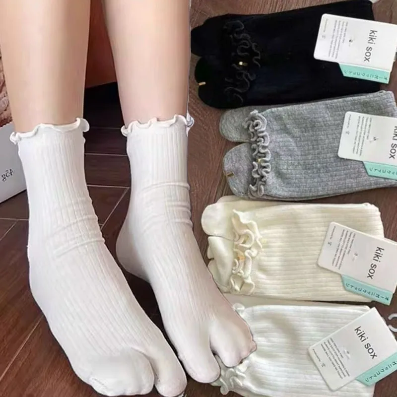 

Модные японские носки таби со средней трубкой, хлопковые простые удобные носки с рюшами и деревянными ушками, двумя пальцами, дышащие носки в стиле Харадзюку
