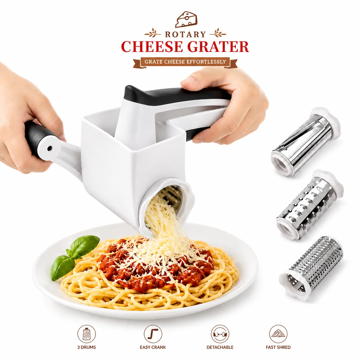 Handheld Rotary Cheese Grater 3 Interchangeable Drums Manual Vegetable Slicer Shredder For Kitchen Pasta Salad Prep