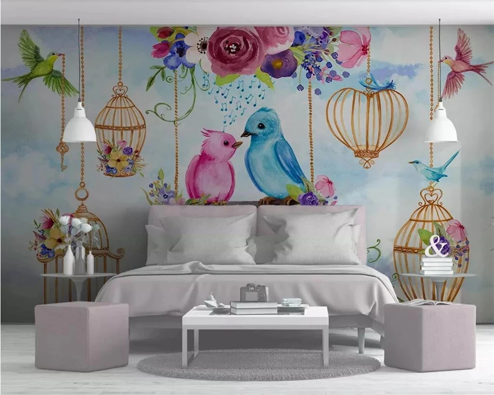 Customized wallpaper 3D Nordic hand-painted cute bird flower children's room Mural Living room TV background bedroom restaurant
