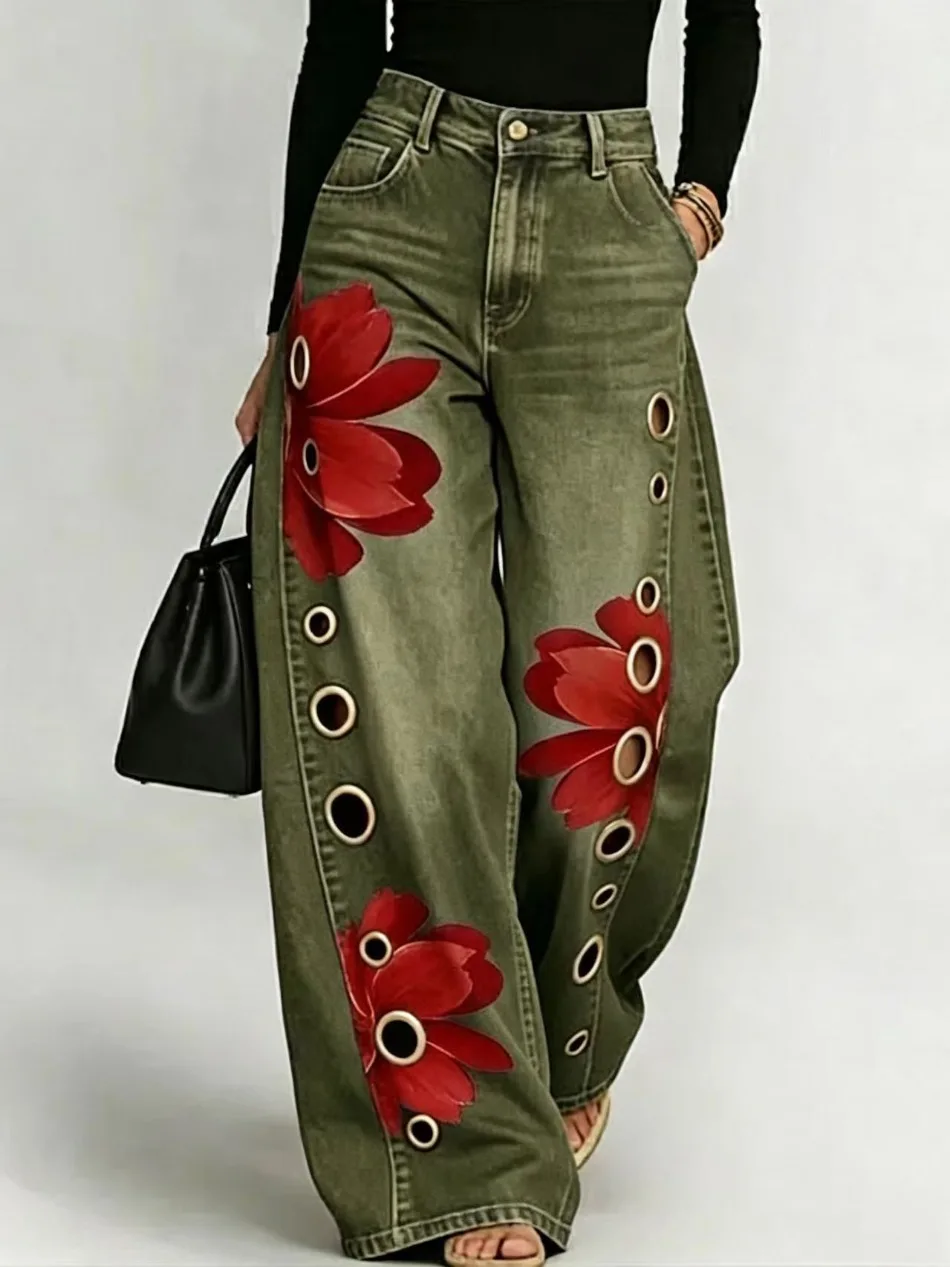Frühling Herbst Neu im Sortiment Imitations-Jeans für Damen, bedruckt, lässig, locker, Retro-Street-Fashion, weites Bein – Detail 8