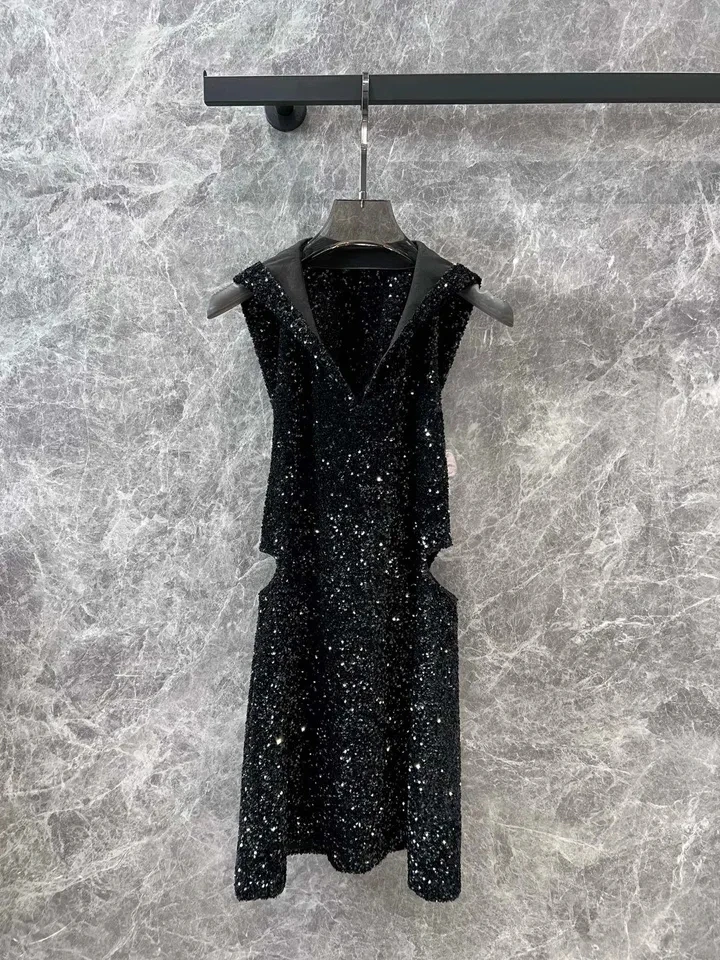 2024SS Summer Sexy Luxury Women Sequined High Quality Hooded Hollow Slim Dress for Female