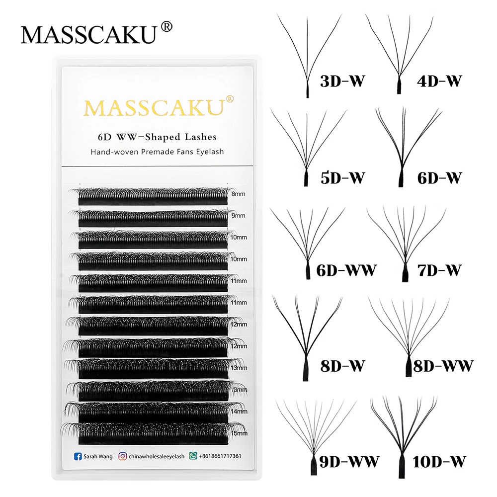 New Arrival MASSCAKU 8-15mm Mix Size Waterproof W Design Eyelash Individual Fluffy Hand-woven 6D/7D/8D/9D/10D W Shaped Lashes