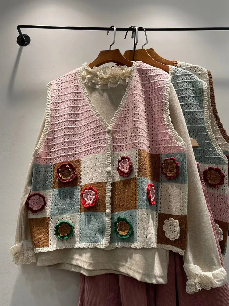 

Women's Loose Cotton Vest 2024 Autumn Winter New Sle Hollow out V-Ne Floral Design Sweet Sle Chinese Production