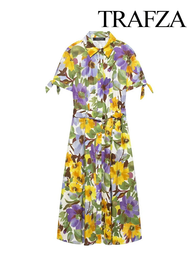 

TRAFZA 2025 женское летнее платье миди из поплина с короткими рукавами и лацканами, женское элегантное однобортное повседневное длинное платье с поясом