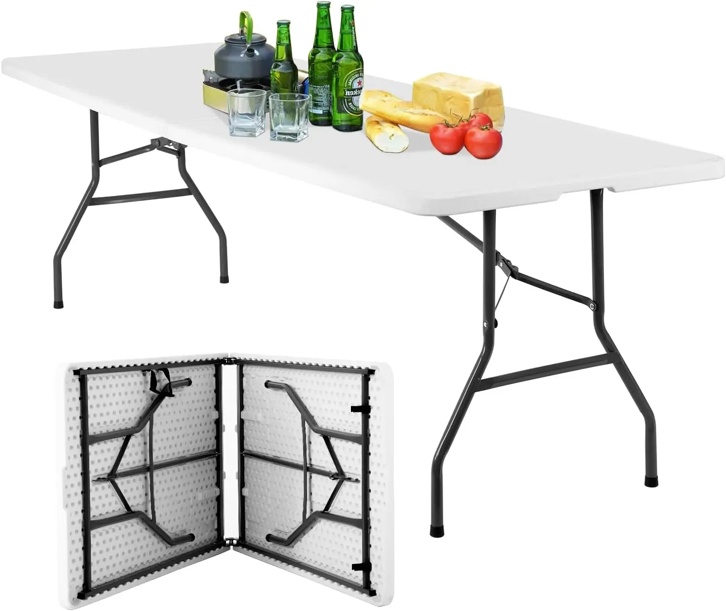

8FT Folding Picnic Table with Lock, Portable Camping Table for Parties & Events, White