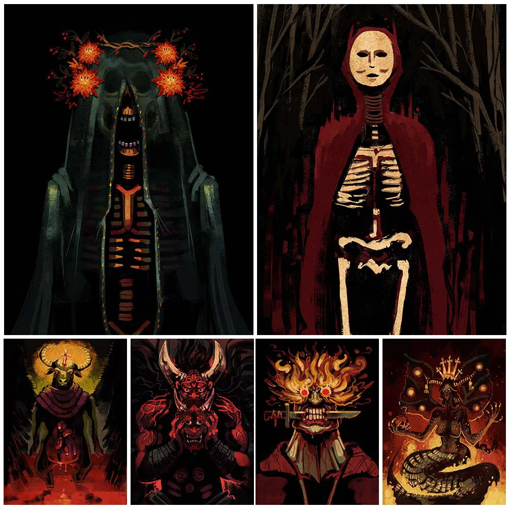 Demons In Apocalypse Retro Wall Art Canvas Painting Death Horsemen And Skeleton Girl Poster And Prints Home Decoration Unframed