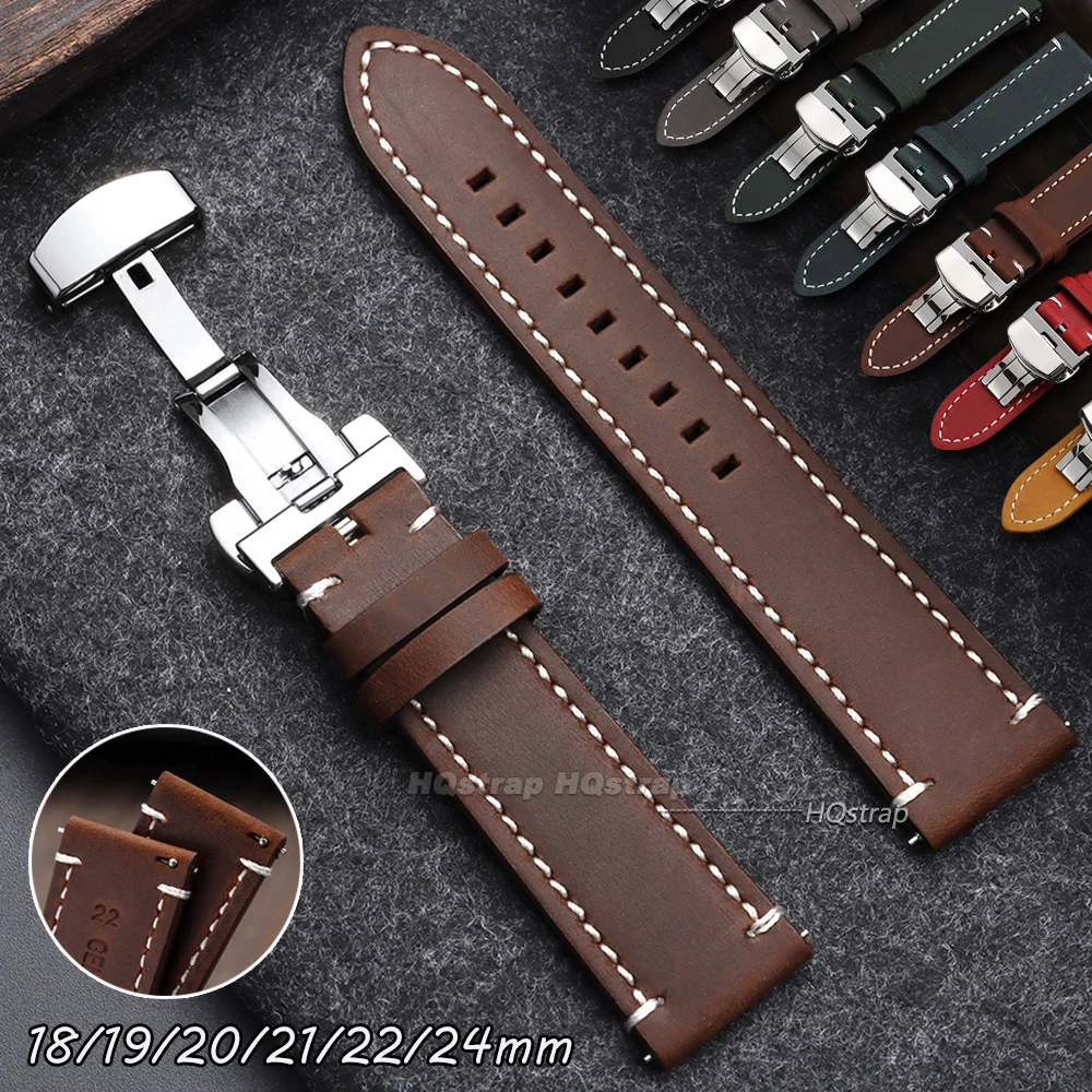 Vintage Leather Watch Strap 18mm 19mm 20mm 21mm 22mm 24mm Universal Bracelet Butterfly Buckle Business Wrist Band Accessories