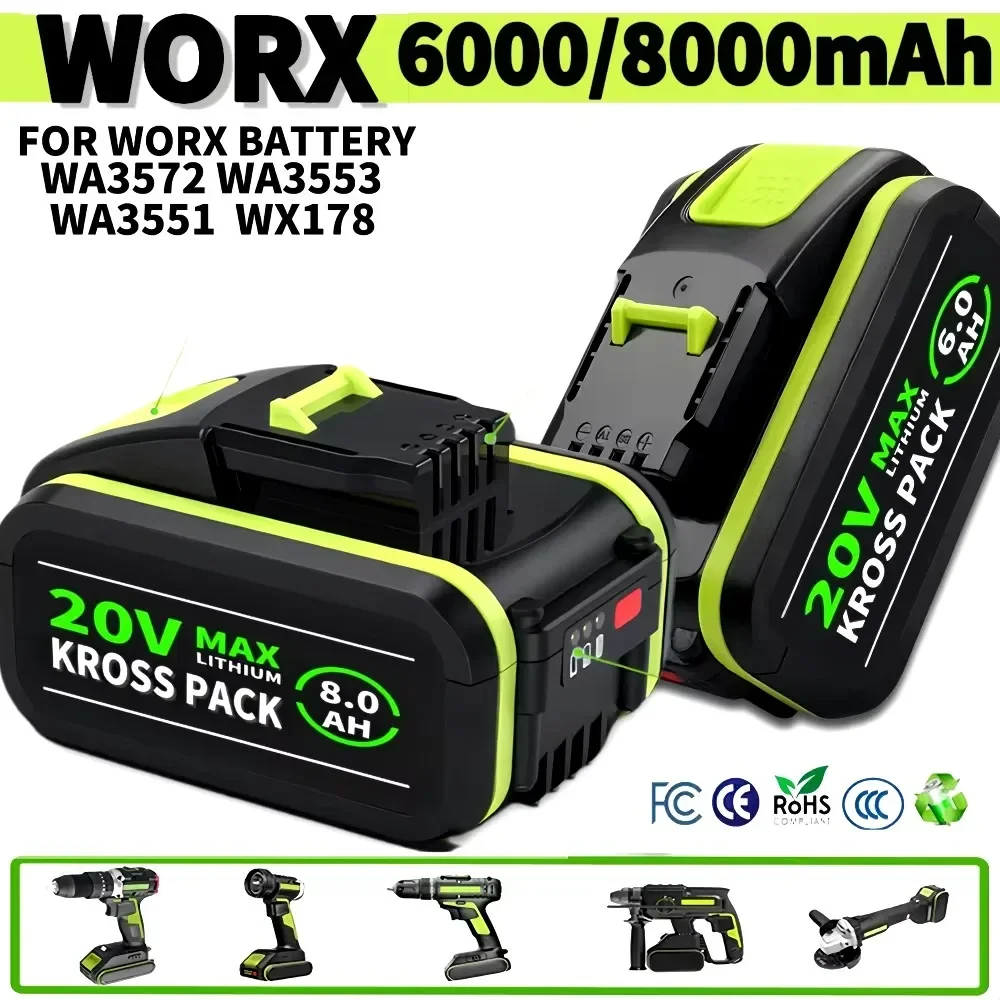 Bateria de substituição recarregável para Worx WA3551, ferramentas elétricas de lítio, WA3553, WX390, WX176, WX178, WX386, 20V, 6000mAh