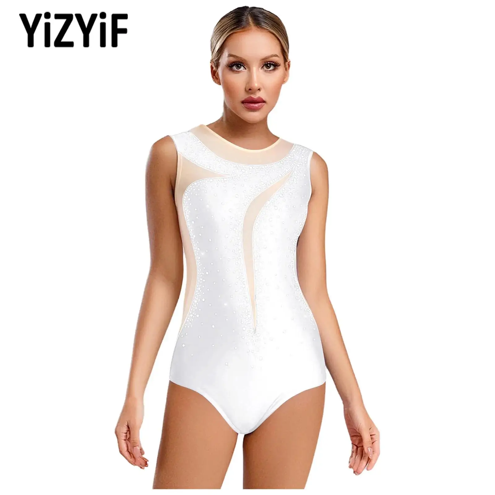 

Women Gymnastics Leotards Sleeveless Back Hollow Out Mesh Rhinestone Bodysuit One-piece Jumpsuit for Ballet Dance Figure Skating