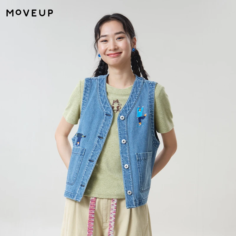 MOVEUP Women's Denim Vest 2026 Autumn V Neck Cartoon Figure Embroidery Vests Patch Pockets Sleeveless Casual Waistcoat 3ELQ41005