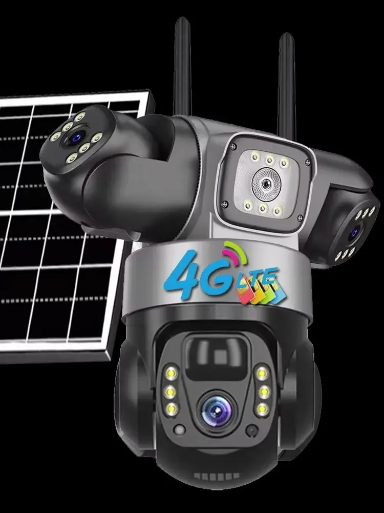4G Solar-Kameras mit 3 Objektiven, Fernbedienung per App, IP-CCTV-Kamera, Smart Home Außen-Sicherheitsschutz, Kabellose 360° PTZ-Überwachung, Wasserdichte 4G LTE Kamera mit Integriertem Akku