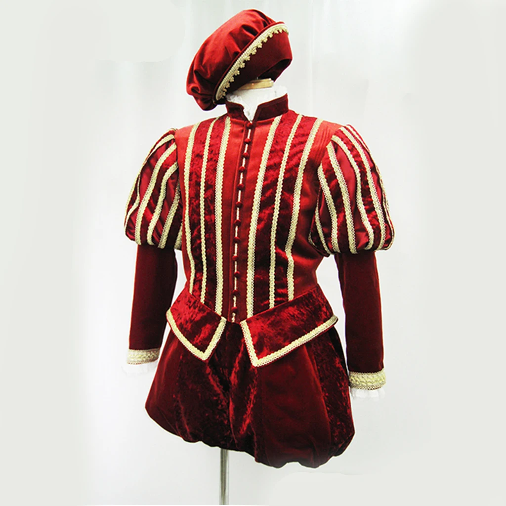 16th Century Men's Tudor Elizabethan Costume Outfits Tudor King Prince Henry VIII Costume Red Uniform Hat Set Renaissance Dress