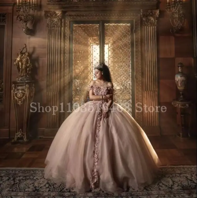 Princess Cathedral Train Quinceanera Dresses 2024 Lotus Root Pink One Shoulder 3D Floral Lace Applique Mexico 16 Dress