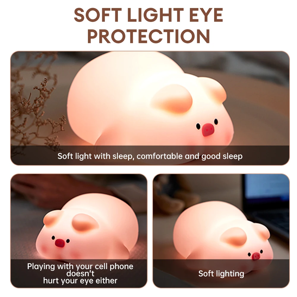 LED Night Lights Cute Pink Piggy Silicone Lamp USB Rechargeable Timing Bedside Decor Night Lamp Indoor Atmosphere Pat Lamp