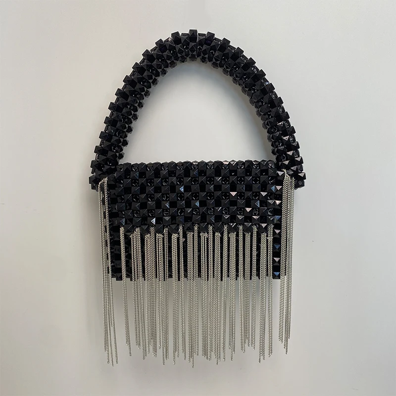 2023 New Design of Women's Handbag Silver Tassel Chain Fashion Unique Top-Handle Black Beaded Bag Party Dinner Evening Gift