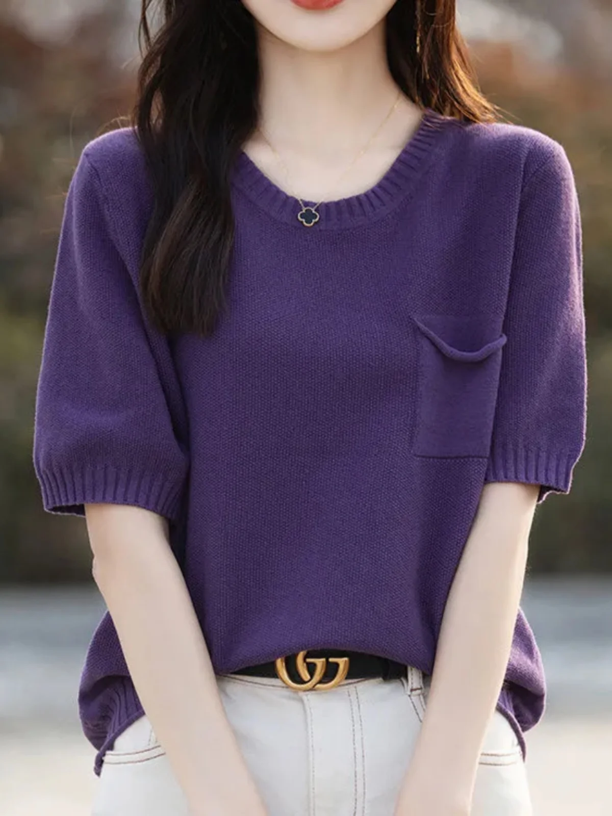 

Summer New Loose Faionable Casual ort Sve T-irt Women's Tead Pure Color Thin Simple Sle Top for Busin Commute