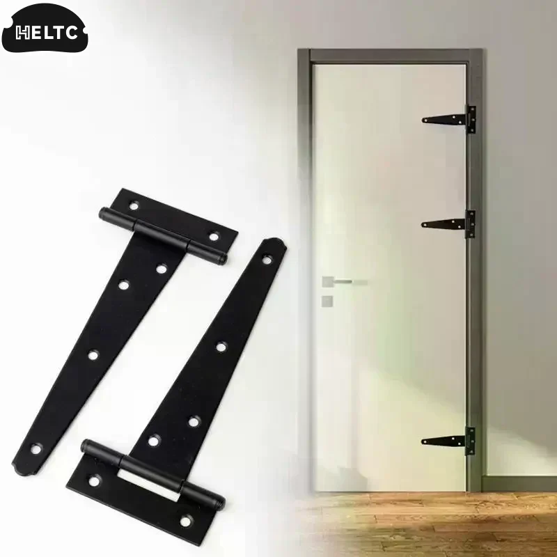 2pcs Heavy Duty Black T Shape Iron Hinges Galvanized Door Gate Hardware Hinges Shed Cabinet Barn Room Strap Hinge With Screw