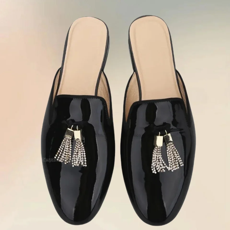 

Metal Rhinestones Tassel Patent Leather Men Slippers Fashionable Slip On Men Shoes Novel Handmade Party Banquet Men Casual Shoes