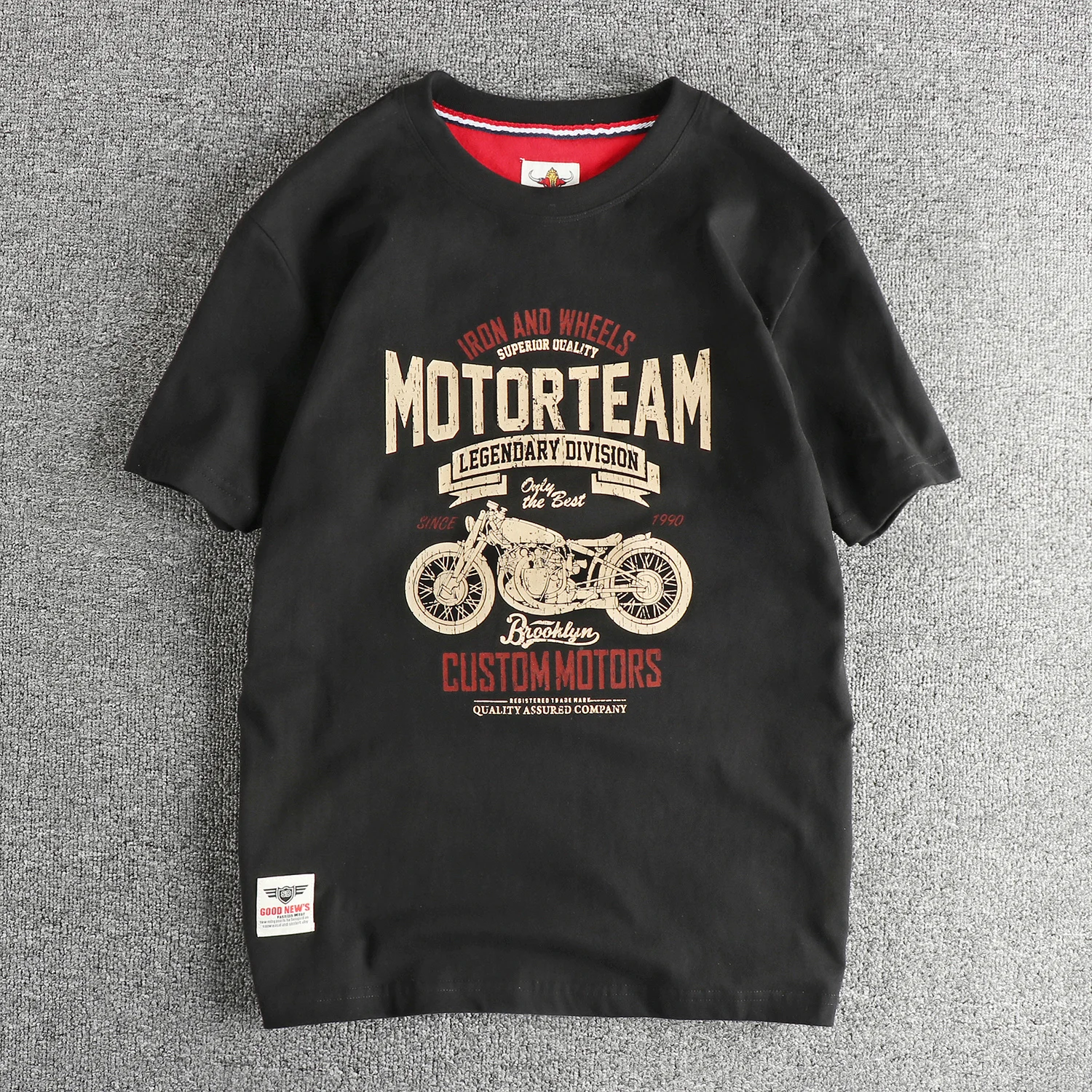 

100% American retro brand motorcycle pattern short sleeve T-shirt men's cotton wash comfortable round neck half sleeve T
