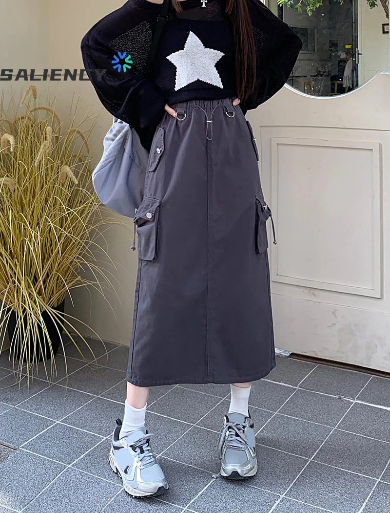 Vintage Y2k Pocket Workwear Skirt Women Spring Harajuku High Waist Split Hip Long Skirt Aesthetics American Style Cyber Punk