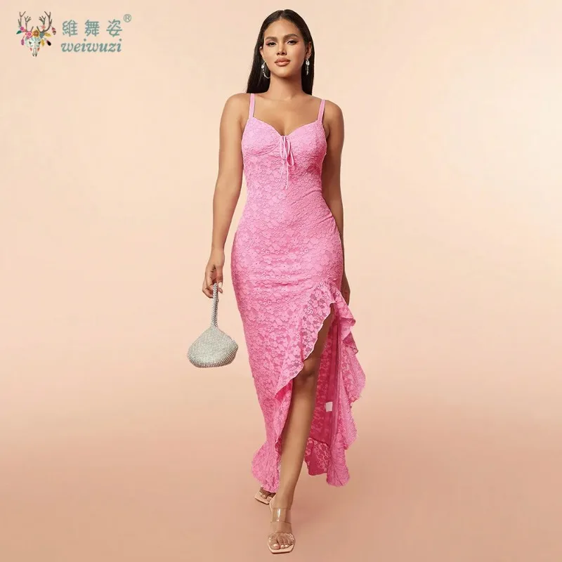 

Summer New Women's Fashionable V-neck Low Cut Long Dress Sexy Lace Embroidery Ruffled Backless Irregular Hem Evening Dress