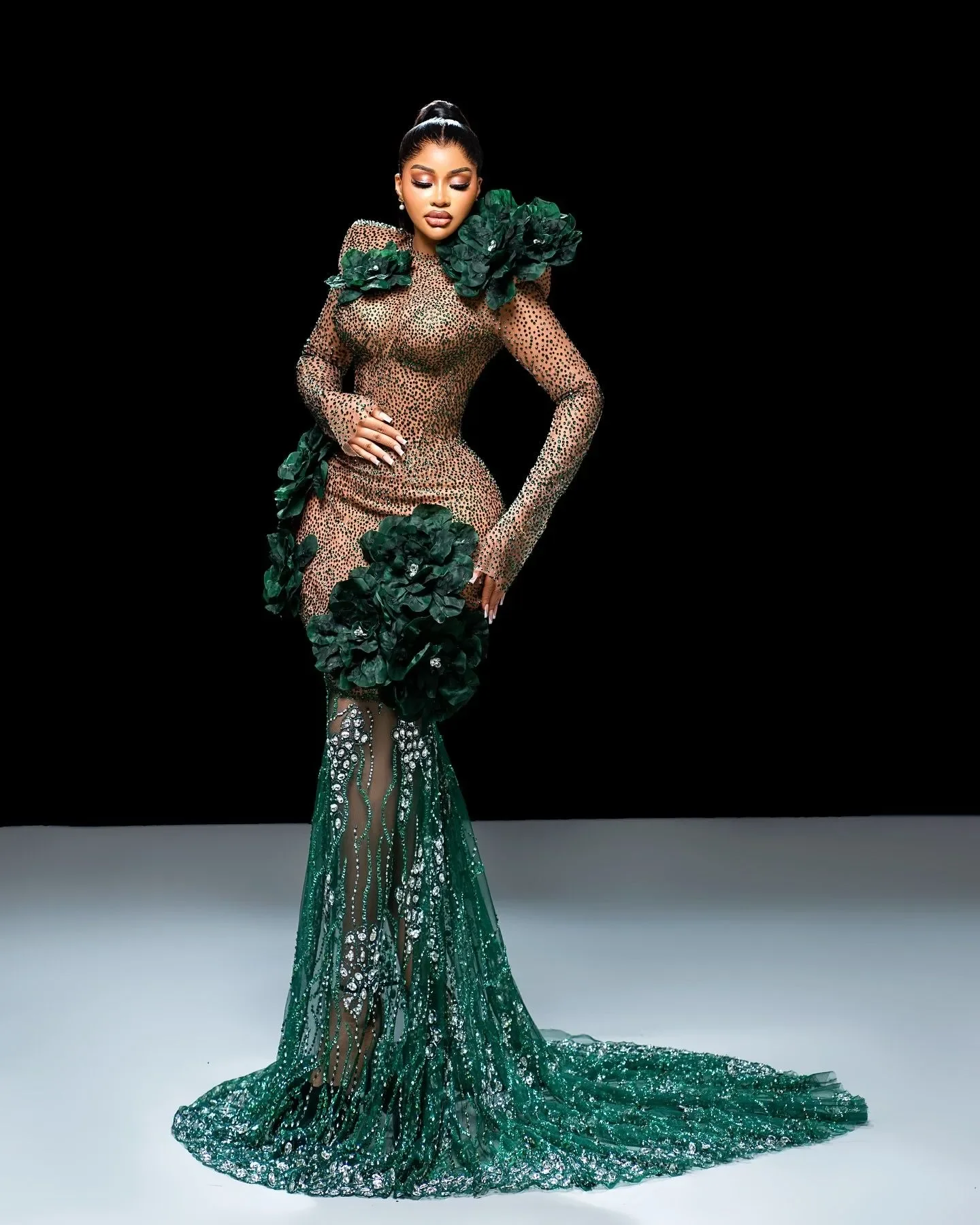 Luxury Mermaid Prom Dress Crystals Floral Emerald Green Sequins Long Sleeves Formal Gowns Evening Dresses Beading Custom Made image 3