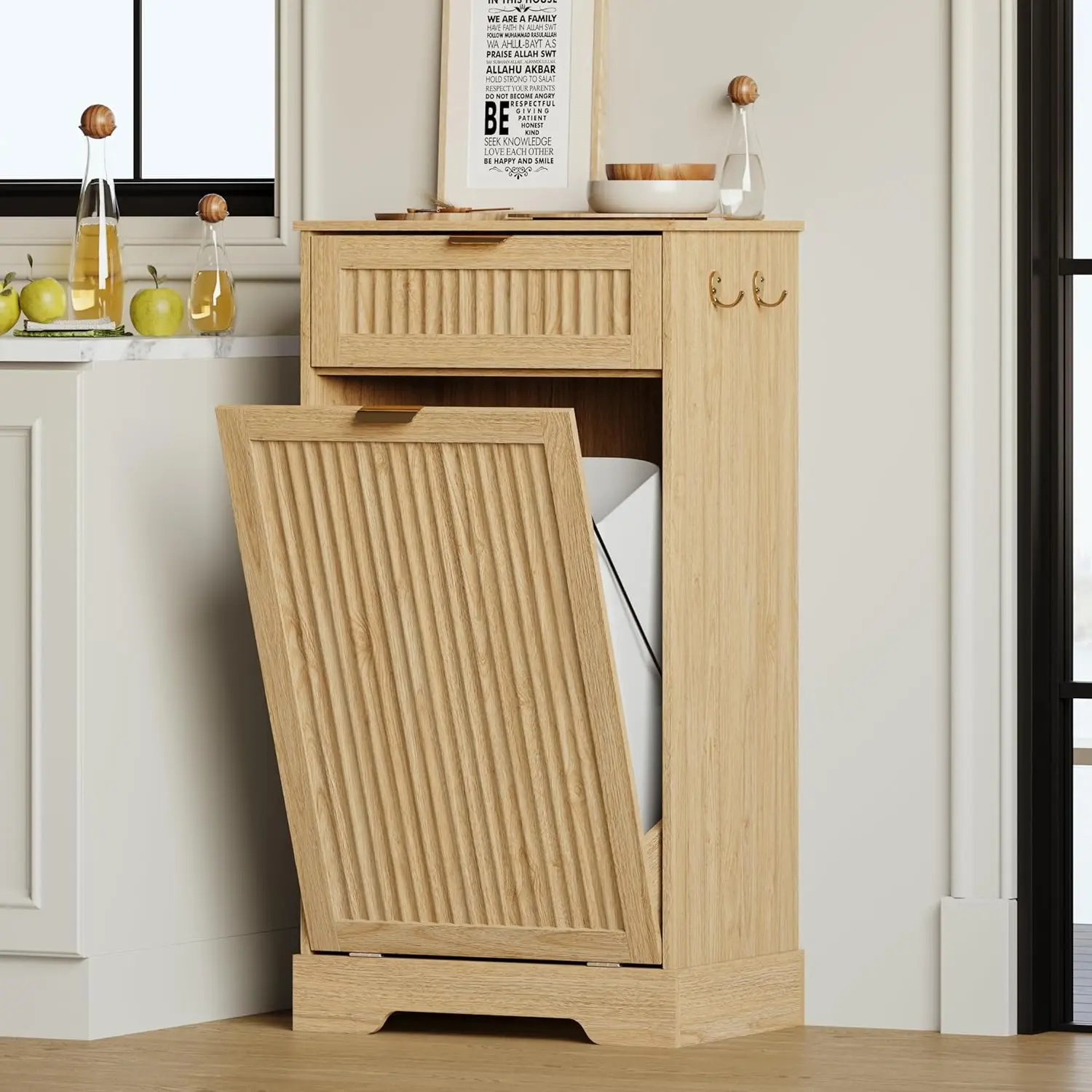 

13 Gallons Tilt Out Trash Can Cabinet, Wooden Fluted Trash Cabinet with Drawers, Hidden Garbage Laundry with Hooks, Customized