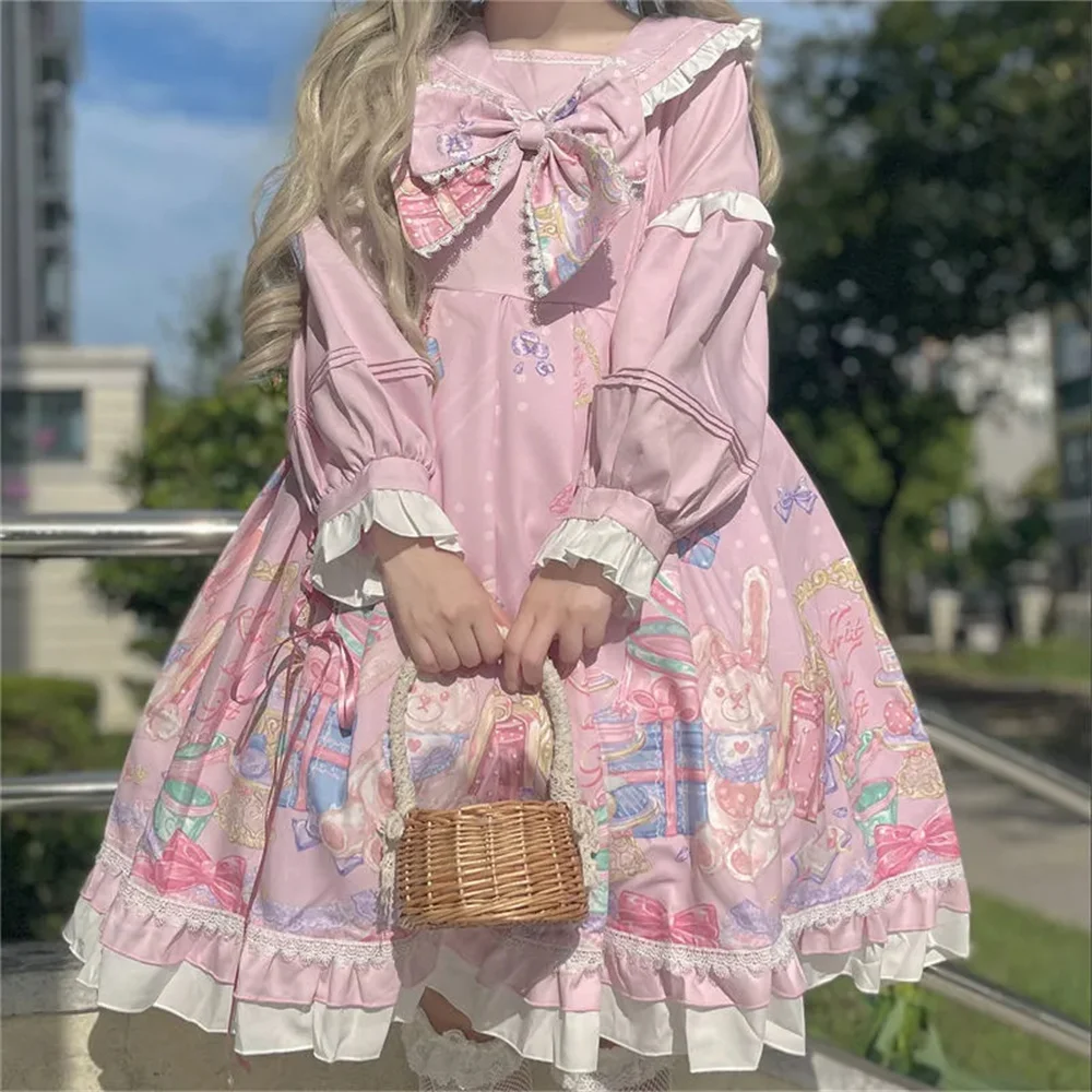 Spotkanie przy herbacie dziewczyny japoński słodki Bowknot drukowanie sukienka Lolita Kawaii kobieta kołnierz piotruś Pan bufiaste rękawy Cosplay Lolita Op