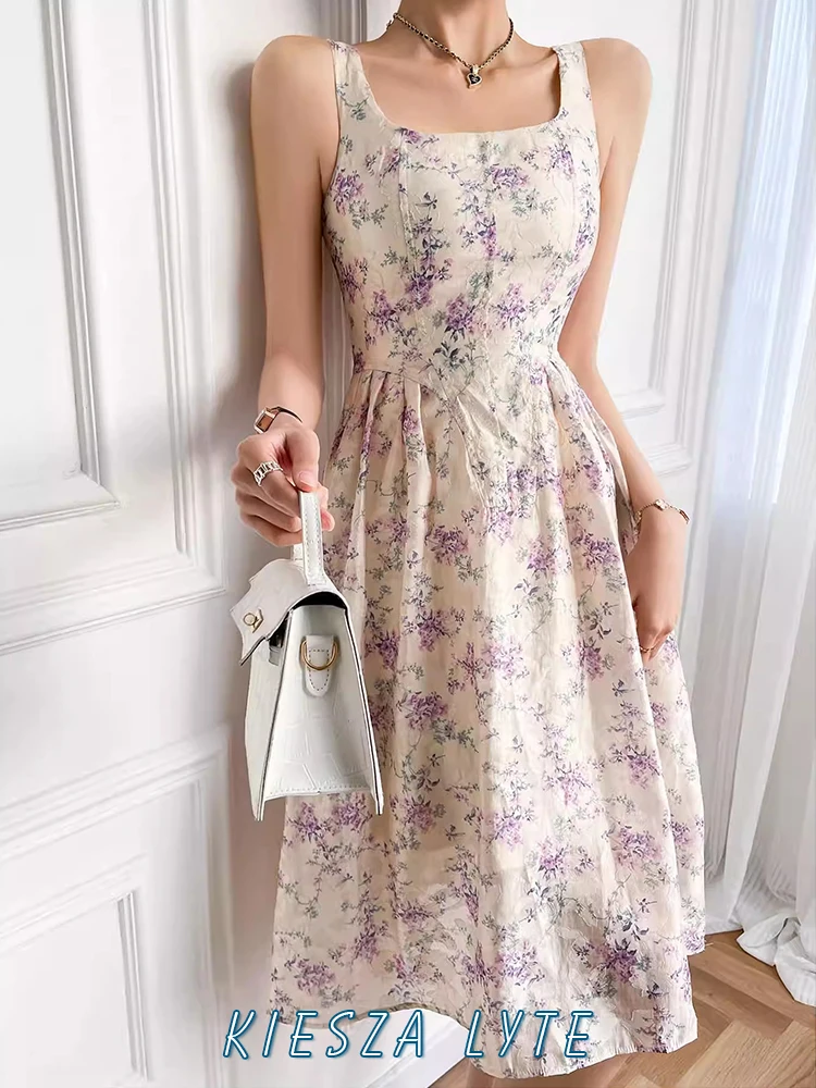 

Luxury Summer Sexy Dress Vintage French Floral Print Strap Folds Slim Long Dresses for Women vestidos de fiesta elegantes 2024