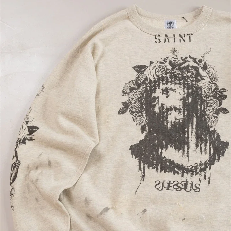 

24ss SAINT MICHAEL Washed Sweatshirts For Men Women 1:1 Top Quality Damaged Fleece Hoodies