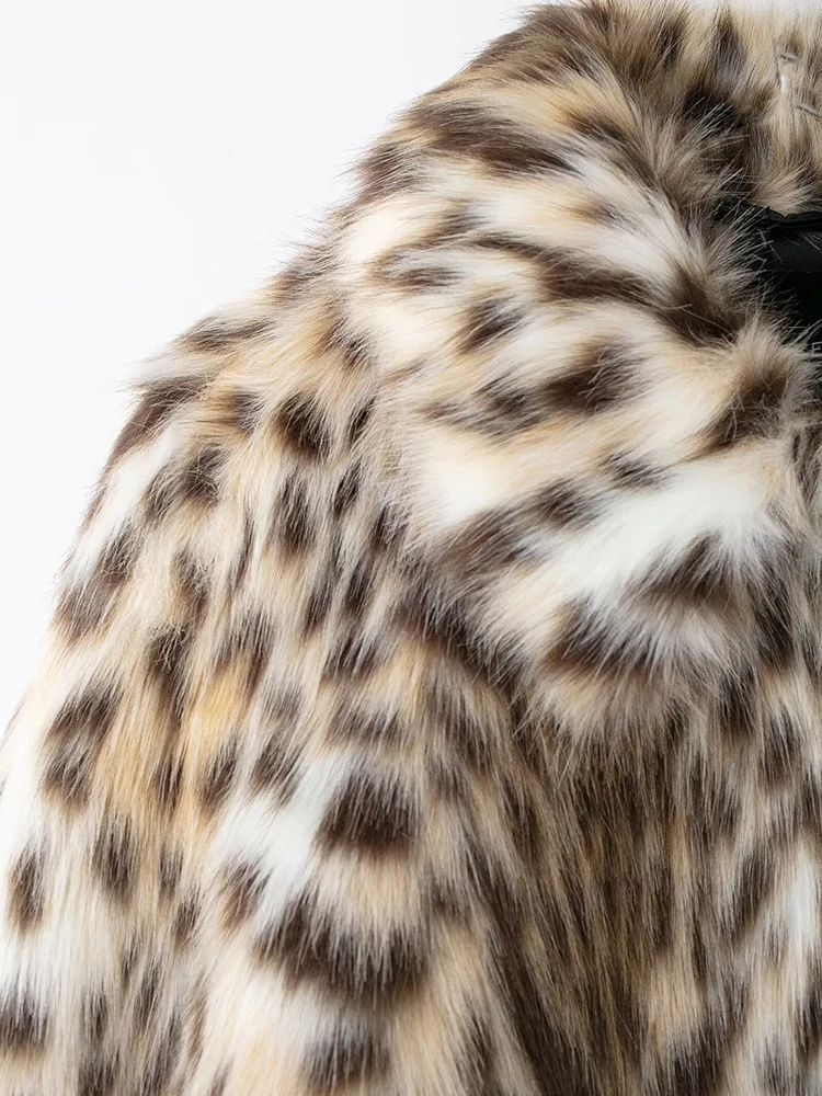 جديد إمرأة معطف فرو الفهد الاصطناعي سترة قصيرة فضفاضة لخريف/شتاء 2024