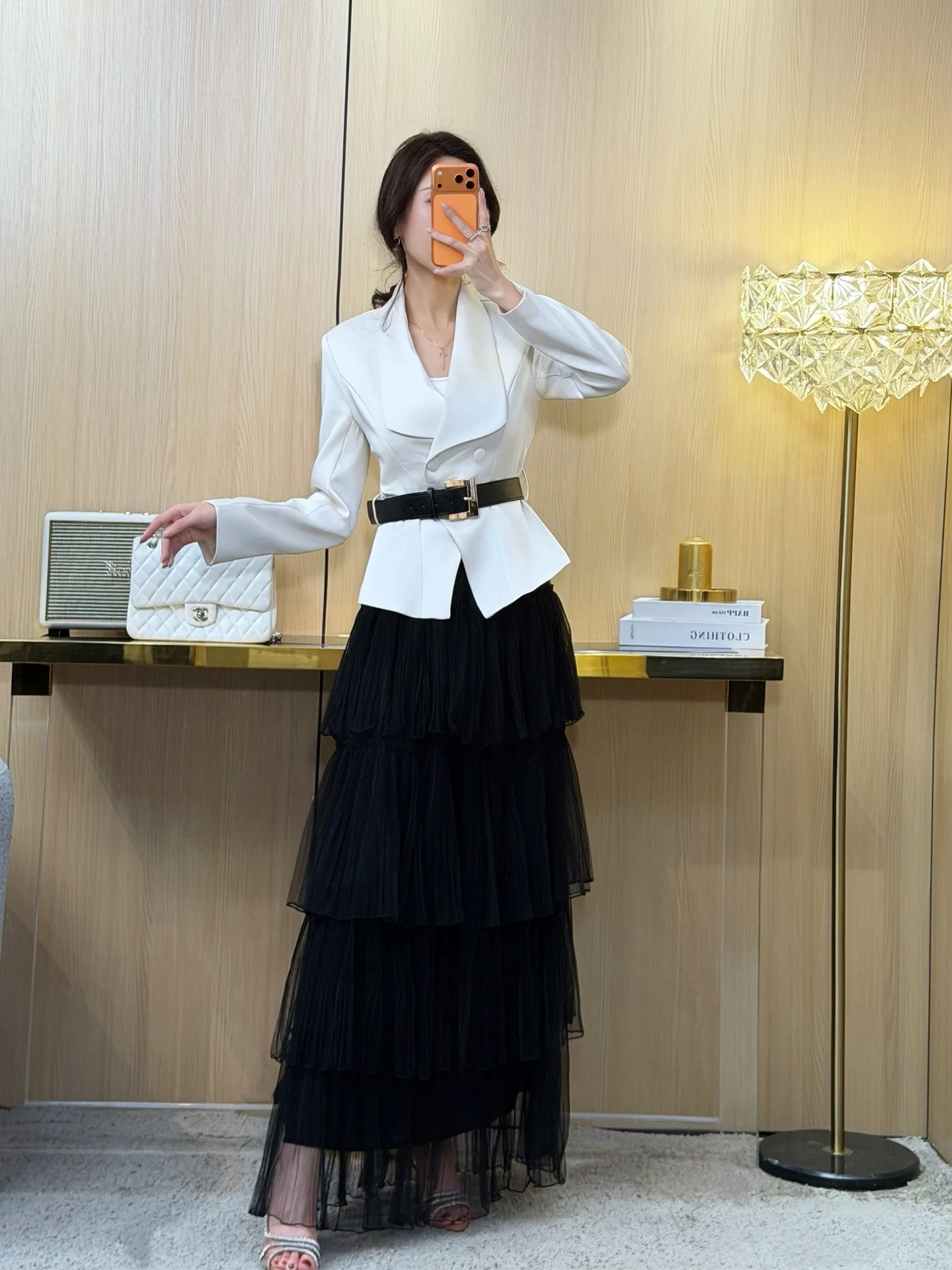 

Ele Sle Fce Sister 2026 Spring Korean Version Stand Collar Waist Cinched ort Jaet Me Skirt Set Two Piece Set