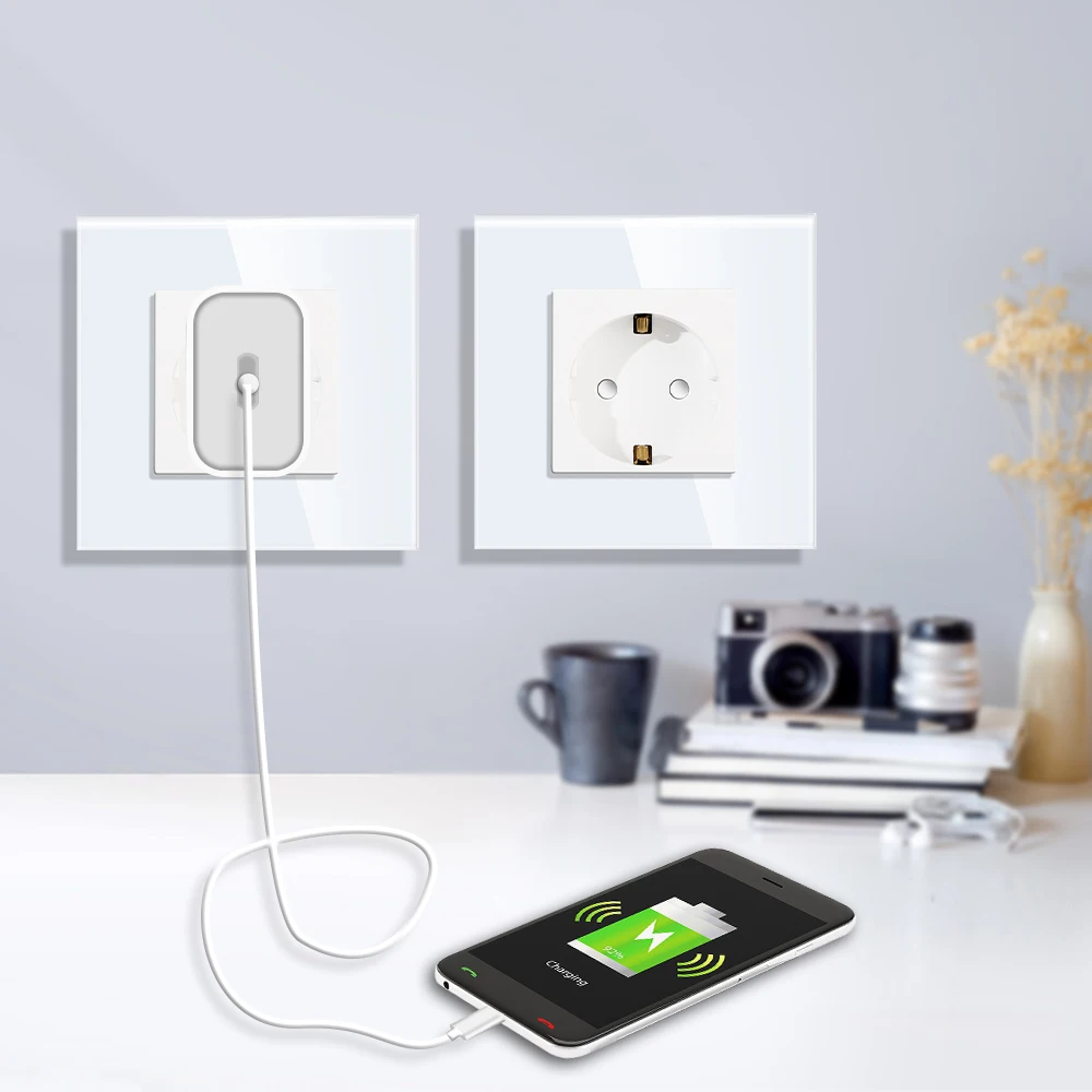 DAJIMEI White CAT6 Rj45 TV Socket Light Touch Switch and Socket Crystal Glass Panel Plug Electrical Outlet for Home Improvemet