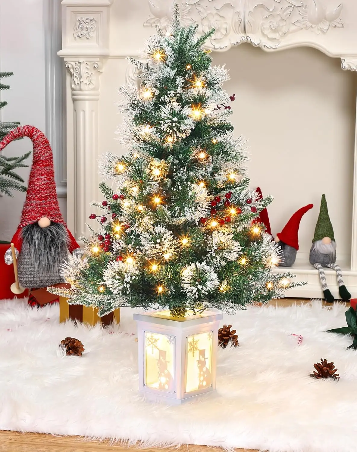 1 Plastic Iron Artificial Christmas Tree 3Ft Imitation Fiber Optic Light Flocking Tree Warm White Led Christmas Decor Branch