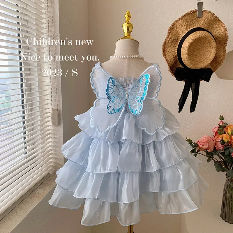 New Summer Baby Girls\' Party Dress Sleeveless Princess Dress Butterfly Bow Knot Cake Dresses Solid Color Kids Clothes E2336