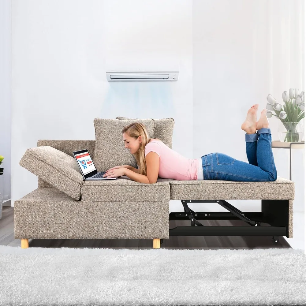 Sofa Bed Chair 4-in-1 Convertible Chair Bed, 3-Seat Linen Fabric loveseat Sofa with 2 Throw Pillow, Single Recliner for Small S