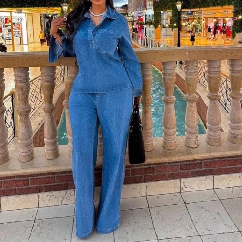 데님 팬츠 세트 여성 투피스 세트 매칭 세트 스트리트웨어 캐주얼 루즈 셔츠 와이드 레그 롱 팬츠 하이웨이스트 Y2K 맘 진