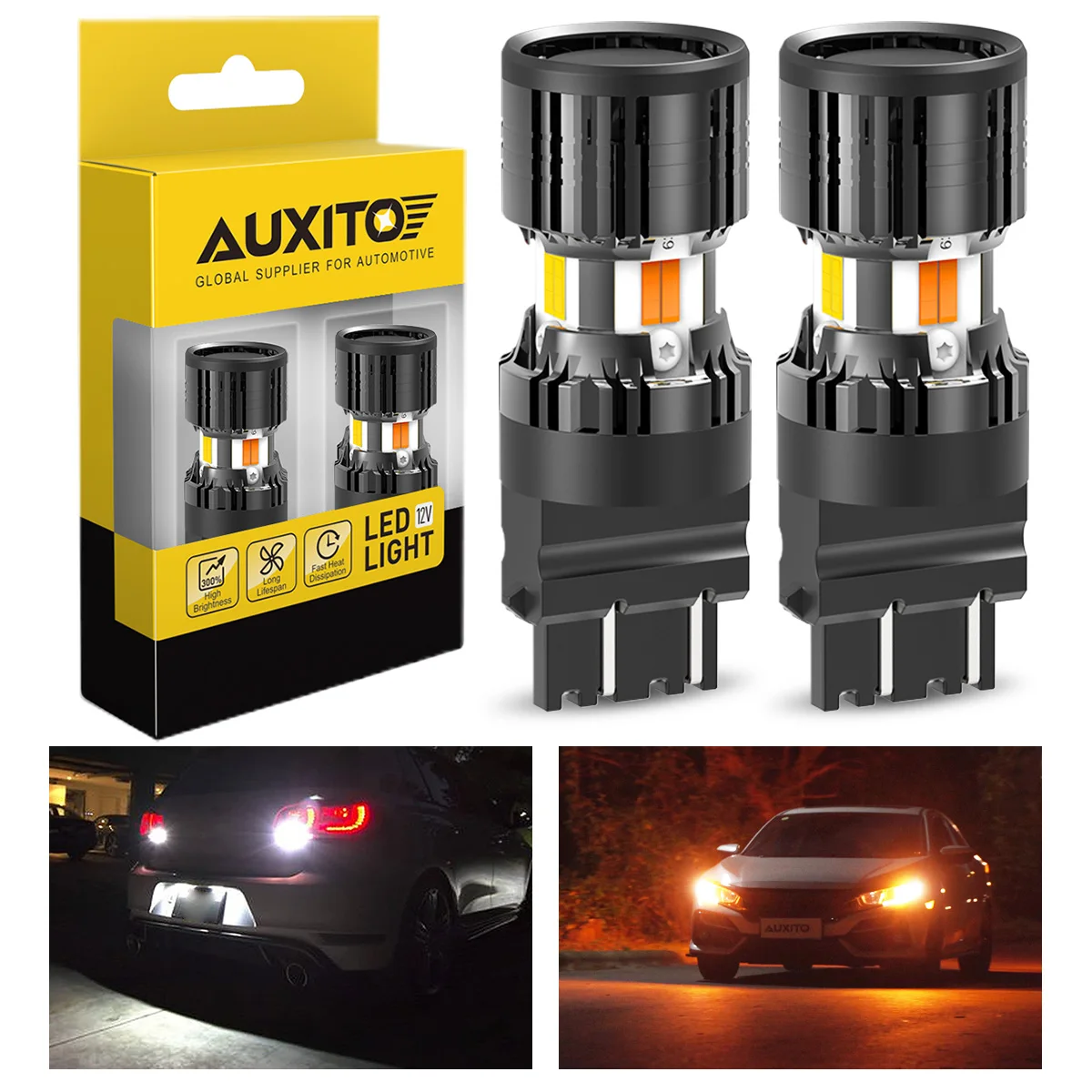 AUXITO 2 szt. T25 3157 P27/7W podwójny kolor LED z wentylatorem chłodzącym Canbus DRL światła parkingowe lampka kierunkowskazu żółto-biały switlback