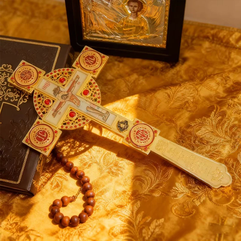 New Orthodox Blessing Cross with Crucifix Icon Gold-Plated Enamel & Red Crystal Inlay Handheld Christian Liturgy Cross in Luxury